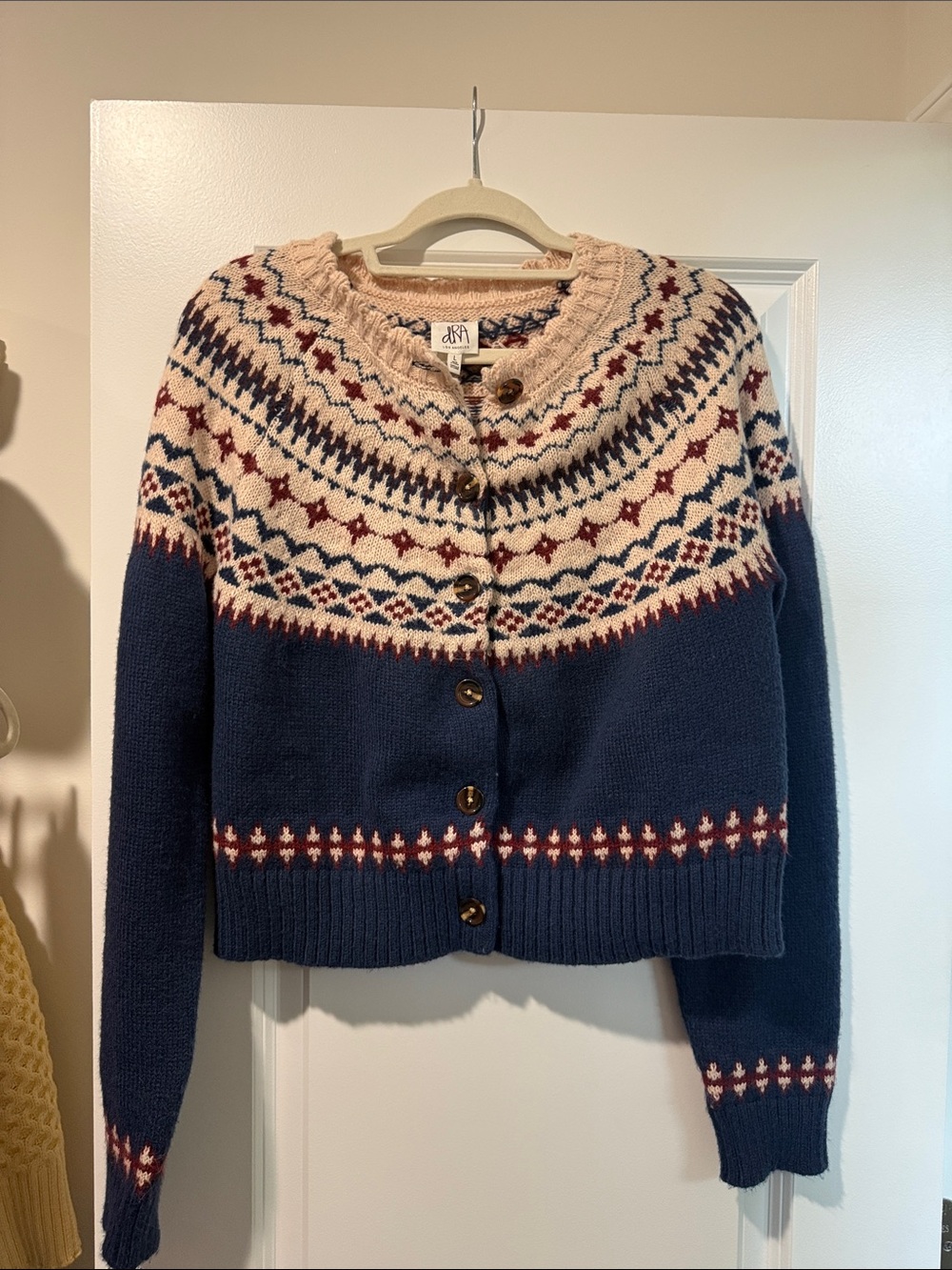 dRA Los Angeles blue and tan cardigan winter festive
